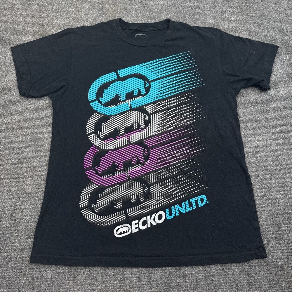 Ecko Unltd T Shirt Mens Size Medium Black Stacked Logo Y2K Streetwear Tee‎